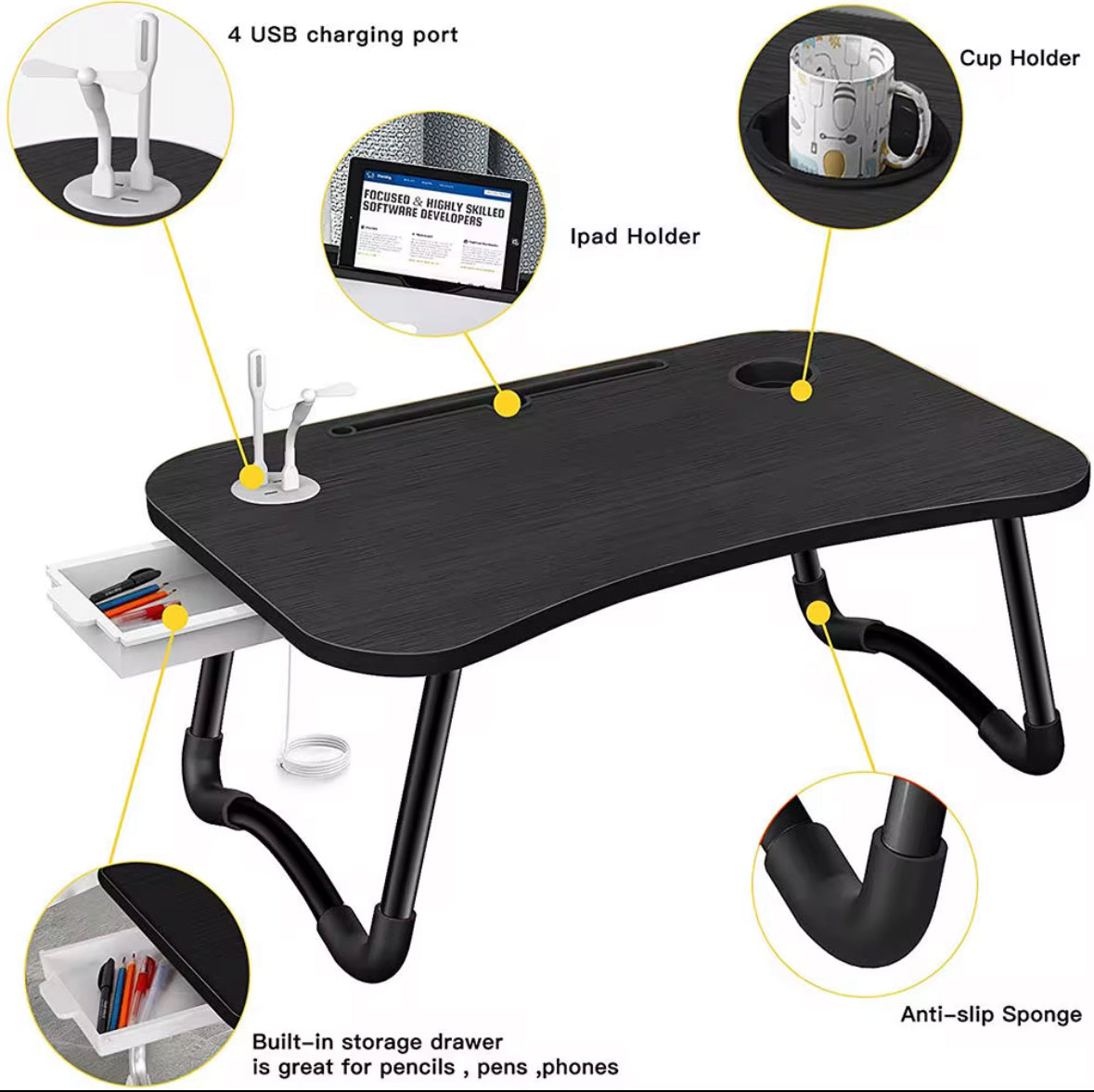 Bureau Pliable pour ordinateur portable, bureau avec chargeur USB , mini ventilateur - Compact & Design - Zenora